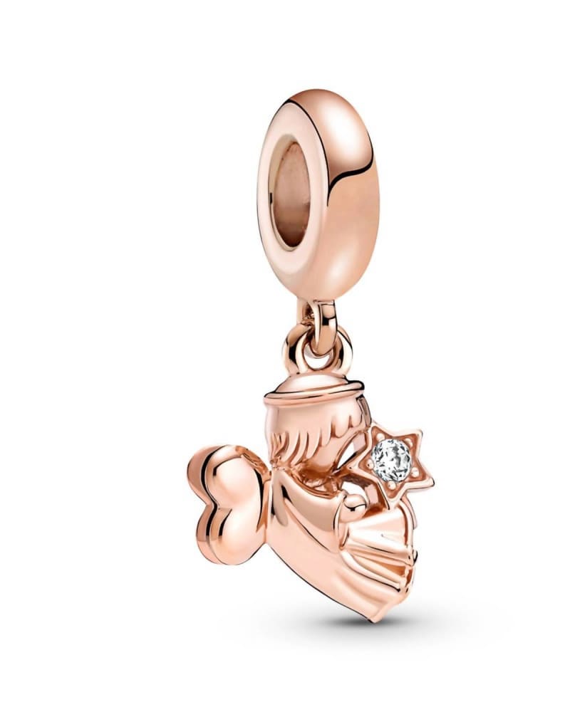 Front of a size O/S Heart Winged Angel Dangle Charm in Rose Gold in Rose Gold by Pandora. | dia_product_style_image_id:329831